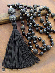 The Shungite, Lava Stone And Carved Black Jade Omnisex MALA Necklace With Silk Tassel