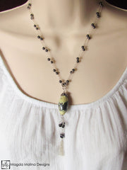 The Long Silver & Hematite Necklace With Large Yellow Turquoise And Tassel