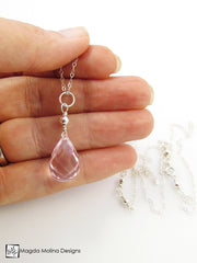The Long & Delicate Asymmetrical Pink Quartz Chain Necklace on Silver or Gold
