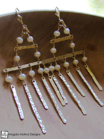 WHOLESALE - The Golden Architectural Chandelier Earrings With Freshwater Pearls