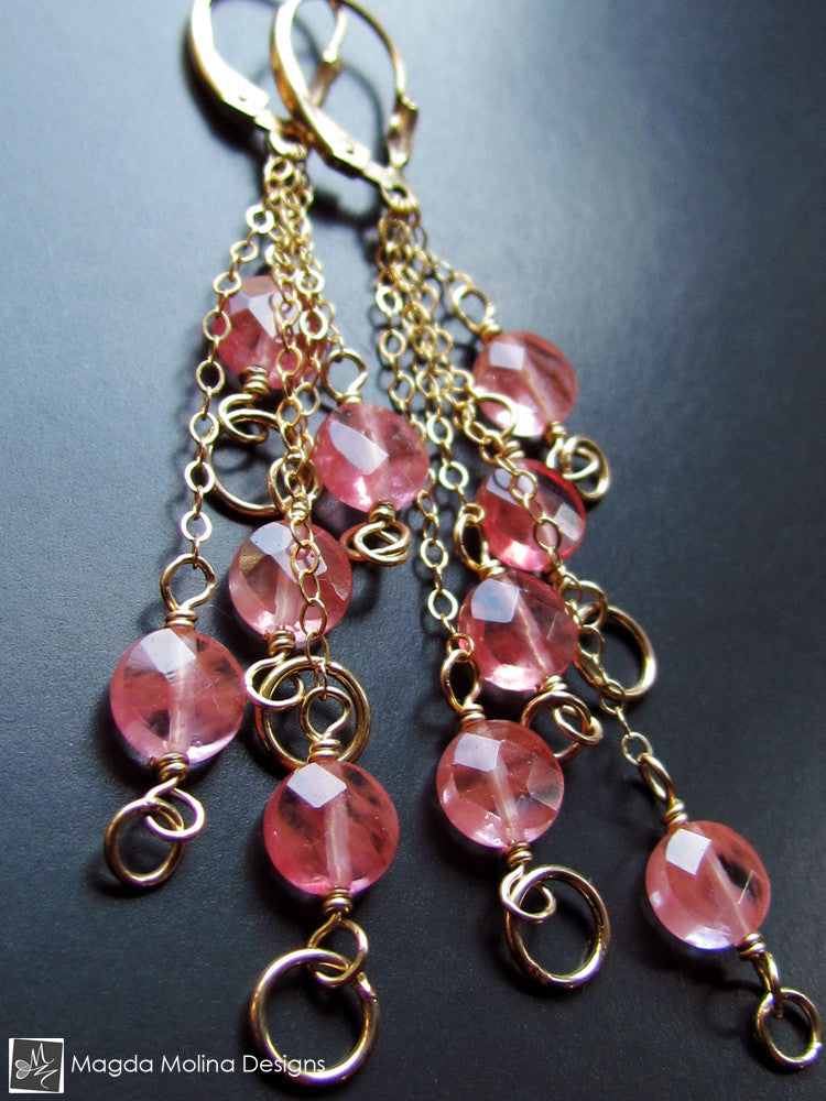 The Delicate Gold And Cherry Quartz Waterfall Earrings