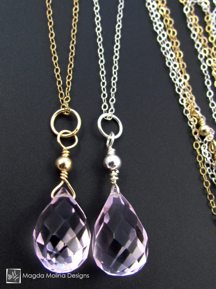 The Long & Delicate Asymmetrical Pink Quartz Chain Necklace on Silver or Gold