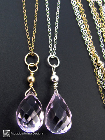 WHOLESALE - The Long & Delicate Asymmetrical Pink Quartz Chain Necklace on Silver or Gold