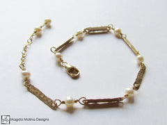 The Hammered Gold Bars And White Pearls Bracelet