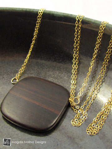 WHOLESALE - The Long & Delicate Chain Necklace With Wood Pendant on Silver or Gold