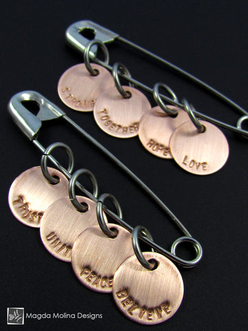 You Are Safe With Me... Copper Affirmation Charms On Safety Pin