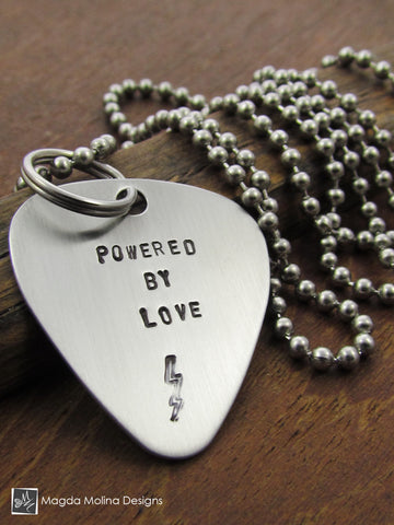 WHOLESALE - The "POWERED BY LOVE" Hand Stamped Omnisex Guitar Pick Necklace