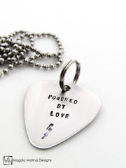The "POWERED BY LOVE" Hand Stamped Omnisex Guitar Pick Necklace