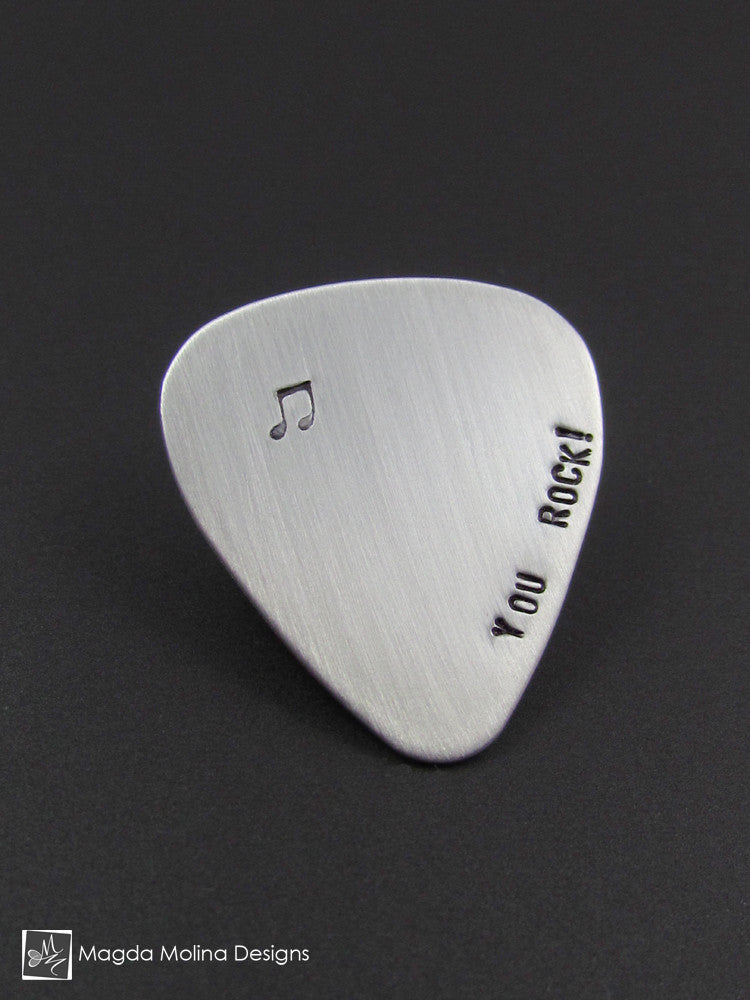 Stainless Steel Guitar Pick Hand Stamped "YOU ROCK!"