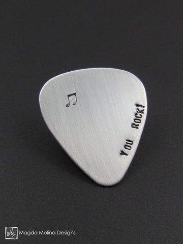 WHOLESALE - Stainless Steel Guitar Pick Hand Stamped "YOU ROCK!"