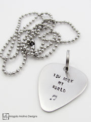 The "YOU ROCK MY WORLD" Hand Stamped Omnisex Guitar Pick Necklace