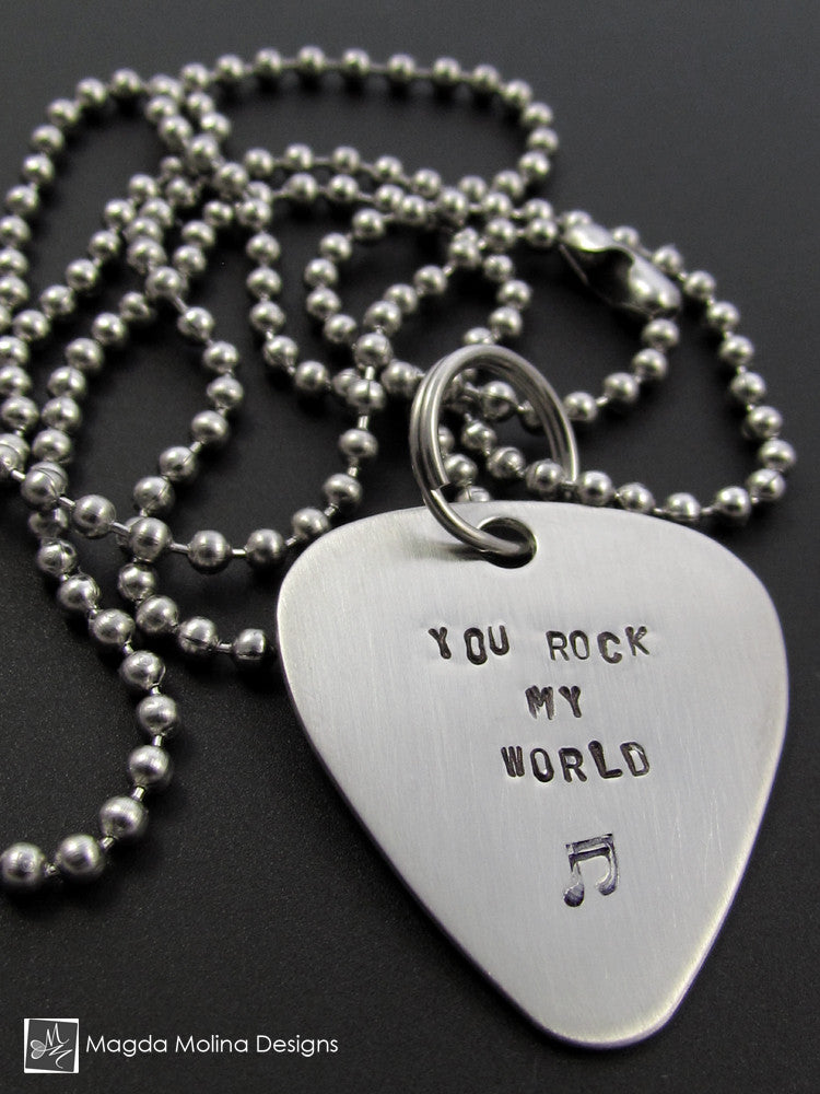 The "YOU ROCK MY WORLD" Hand Stamped Omnisex Guitar Pick Necklace