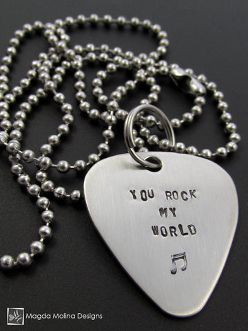 WHOLESALE - The "YOU ROCK MY WORLD" Hand Stamped Omnisex Guitar Pick Necklace