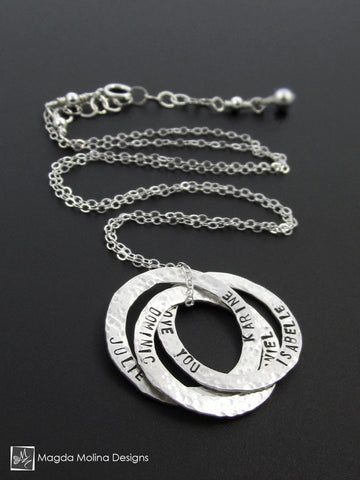 The Personalized Intertwined Hammered Silver Rings Family (or Friends) Necklace