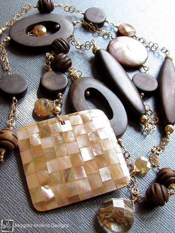 The Long Gold, Ebony And Rutilated Quartz Necklace With Shell Mosaic Pendant