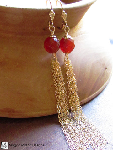 WHOLESALE - The Long Carnelian And Gold Tassel Dangle Earrings