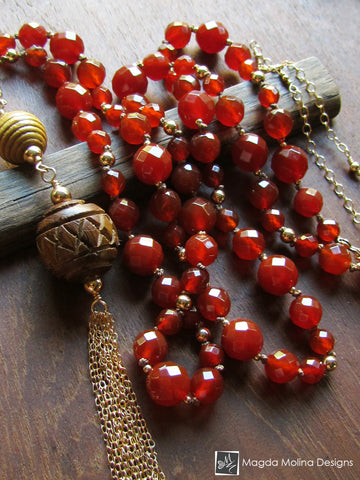 WHOLESALE - The Long Carnelian And Gold Tassel Necklace