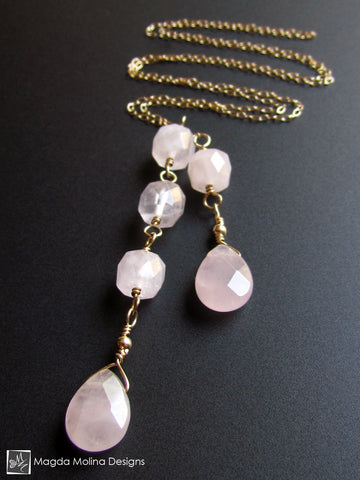 WHOLESALE - The Delicate Gold Chain Lariat With Rose Quartz Drops