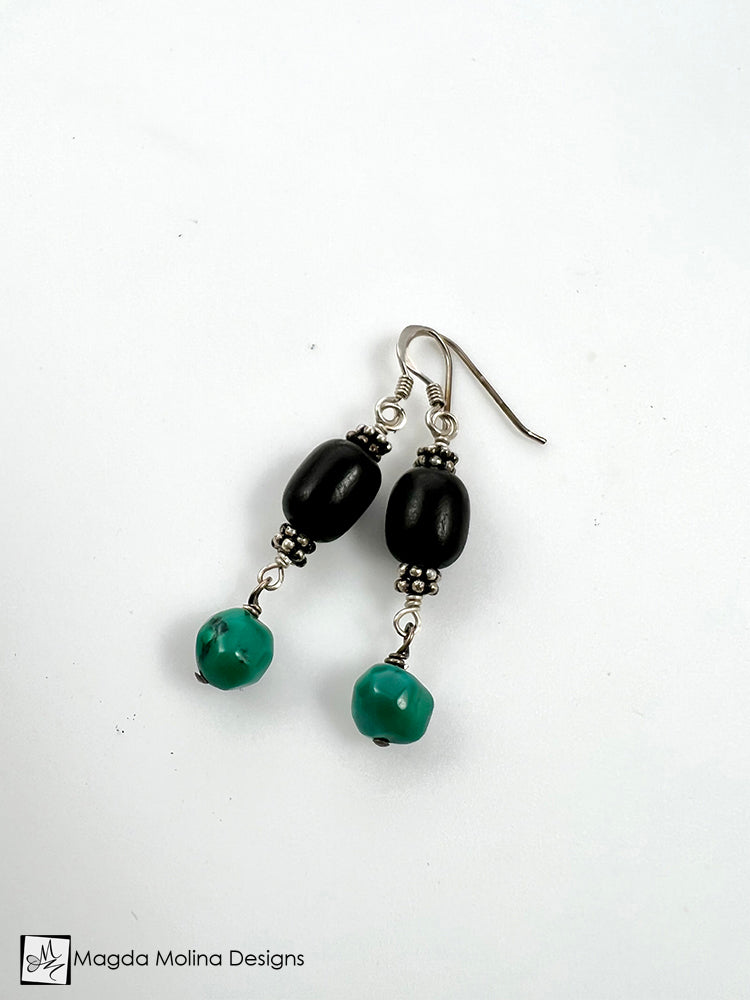 Sterling Silver, Turquoise and Ebony Wood Earrings