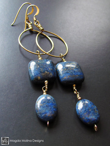 WHOLESALE - The Long Dangling Lapis Lazuli & Gold Hoop Earrings