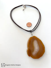 Large Agate Pendant on Double Leather With Sterling Silver Accent