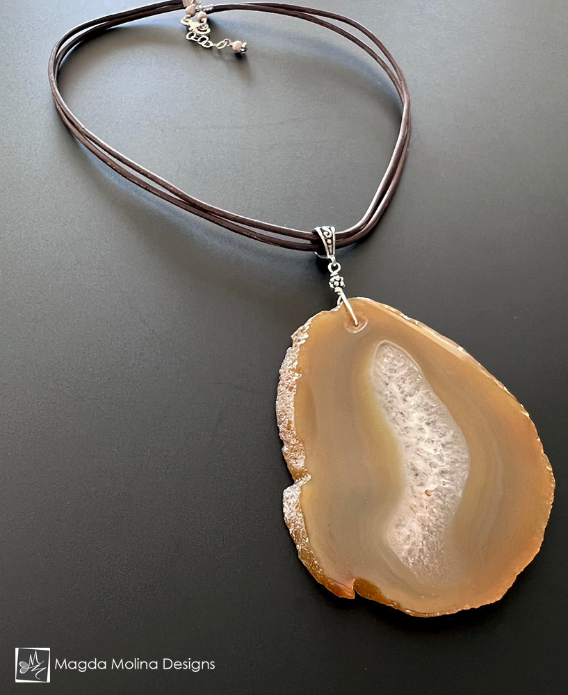 Large Agate Pendant on Double Leather With Sterling Silver Accent