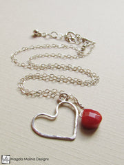 Mini Goddess (children) Red Coral And Delicate Hammered Silver Heart Necklace