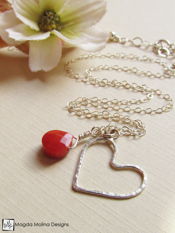 WHOLESALE - Mini Goddess (children) Red Coral And Delicate Hammered Silver Heart Necklace