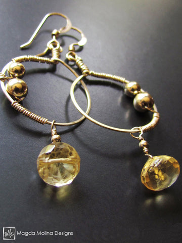 The Small Wire Wrapped Gold Hoops With Citrine Drops
