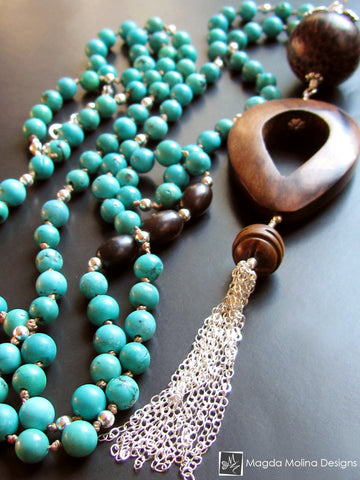 The Long Turquoise And Wood Necklace With Silver Tassel