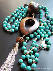 The Long Turquoise And Wood Necklace With Silver Tassel