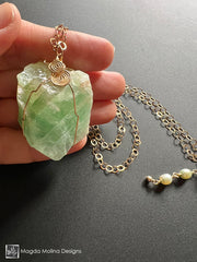 Long Wire-Wrapped Green Calcite Chunk Necklace