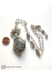 Wire-Wrapped Labradorite Chunk + Cluster Pendant on Silver Chain
