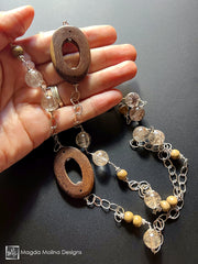 Long, Chunky Silver Necklace With Rutilated Quartz And Wood