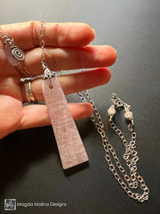 Long Silver and Rose Quartz Necklace With Egyptian Style Pendant