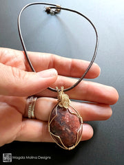 Red Jasper Cabochon Wire Wrapped in Gold Filled Hanging on Leather