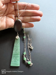 Long Silver Chain Necklace with Aventurine And Ebony Wood