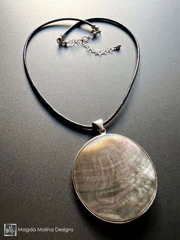 Stylish Leather Necklace With Large Abalone Shell Pendant