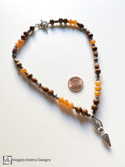 Goddess Pendant Necklace With Red Aventurine, Hematite And Wood