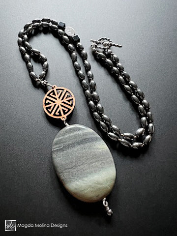 Hematite And Jasper Necklace With Carved Wood Bead