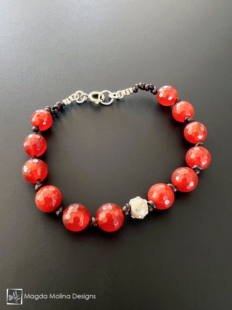 Faceted Carnelian on Brown Leather Bracelet