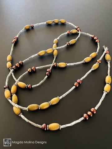 Long Layering Necklace With Wood And Freshwater Pearls