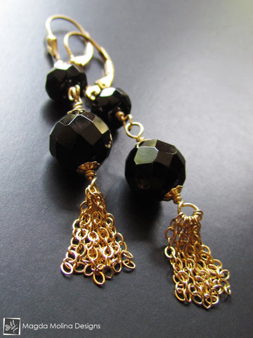 WHOLESALE - The Black Onyx And Gold Tassel Earrings