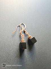 Delicate Black Onyx Cubes on Copper Earrings