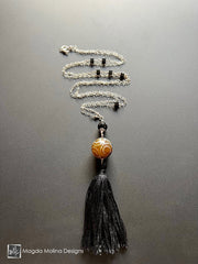 Long Silk Tassel Necklace With Carved Jade And Black Onyx