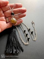 Long Silk Tassel Necklace With Carved Jade And Black Onyx
