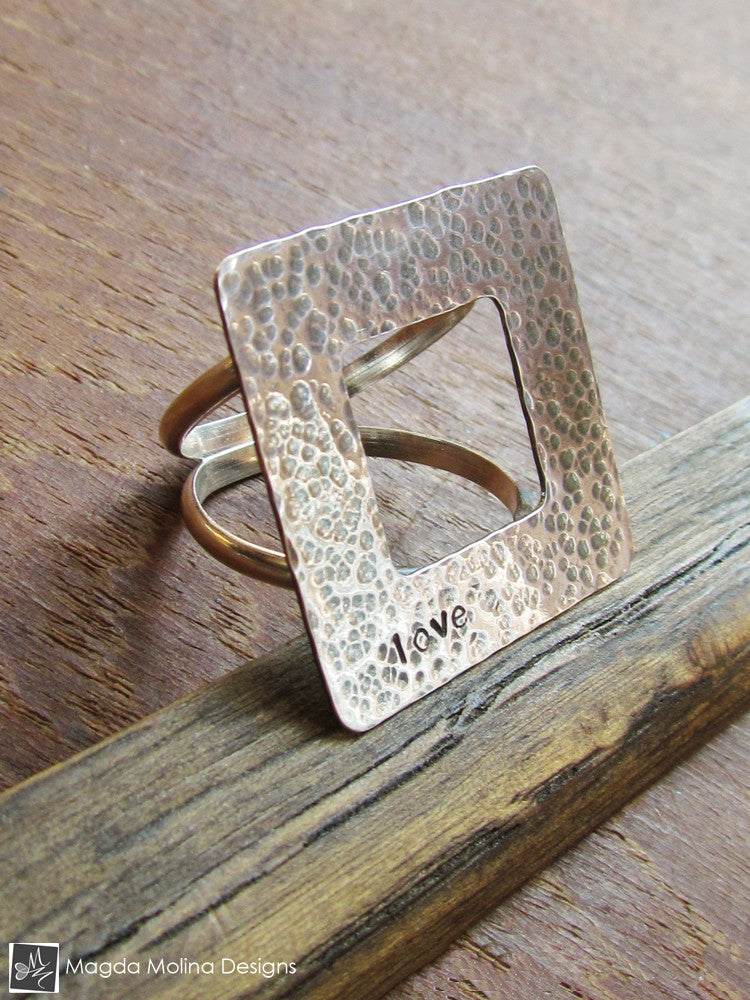 The Square Hammered Silver LOVE Affirmation Ring