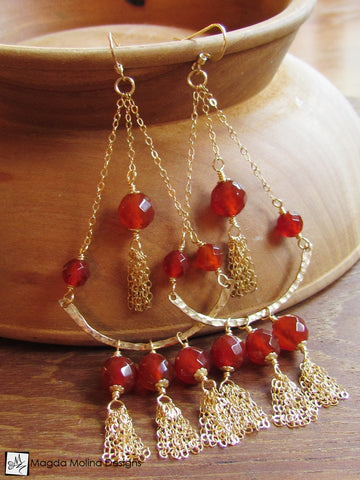 WHOLESALE - The Long Stunning Gold And Carnelian Chandelier Tassel Earrings