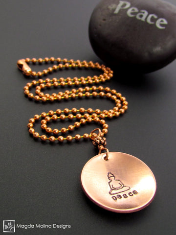 WHOLESALE - The Hand Stamped Copper Buddha And Peace Necklace