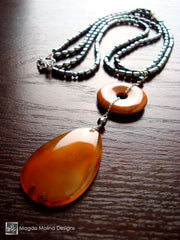 Double Hematite Necklace w/ Red Jasper and Fire Agate Pendant